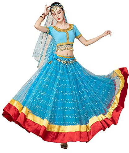 AGAATI Bauchtanz-Kostüme, 6-teiliges Set, Festival-Kostüme, große Röcke, Lange Rock-Kostüme, indische Tanzkostüme (blau, XL)