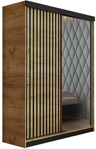 KIER FURNITURE Schränke für Stauraum - Malani 138 - Kleiderschrank - Schiebetürenschrank - Eleganter Kleiderschrank Schrank Garderobe - Eiche Craft Golden & Weiß 138x205x59 cm