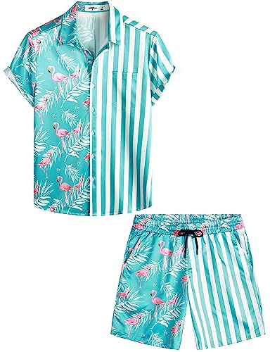 VATPAVE Herren Flamingo Hawaii 2 Teiliges Sets Kurzarm Freizeithemden Strand Outfits X-Large Ahorn Flamingo