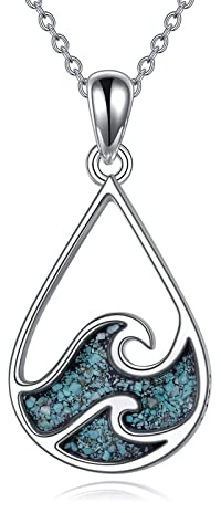 YFN Ocean Wave Necklace Sterling Silver Turquoise Pendant Beach Jewellery Summer Theme Gifts for Women Girls