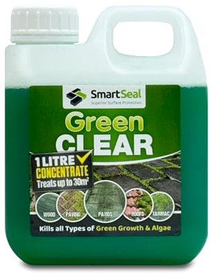 SmartSeal Green Clear Concentrate – Fast-Acting Mould, Lichen & Algae Remover – Easy to Apply Outdoor Cleaner for Roofs, Driveways, Patios & Paths – Kills Organic Green Growth (1L)