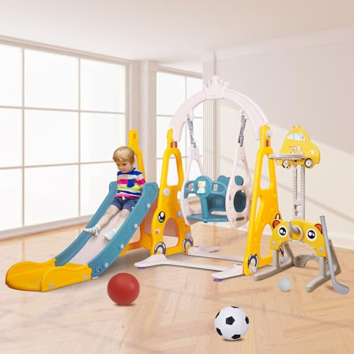 Sinbide Rutsche, Kinder Fun-Slide mit Basketballkorb, Faltbar Kinderrutsche, Gartenrutsche Kleinkinderrutsche für ab 2 Jahren, Indoor & Outdoor Rutschbahn mit Rutschauslauf (groß-gelb)