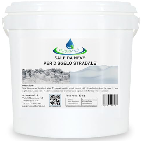 acquaverde | Sale da Neve per Disgelo Stradale, Sciogli Ghiaccio e Neve, Salgemma Naturale Marino Granulare, Antighiaccio, Antineve e Antigelo per Strade - Pratico Secchio da 10 kg