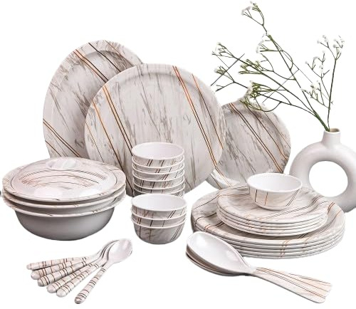 UKT-40 Pieces Melamine Dinner Set - Elegant, Break & Stain Resistant, Designer Crockery Dinnerware