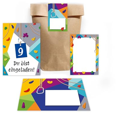6 Einladungskarten zum 9. Kindergeburtstag Klettern Bouldern Mädchen Jungen Einladungen neunte Geburtstag incl. 6 Umschläge, 6 Partytüten/natur, 6 Aufkleber, 6 Mini-Notizblöcke