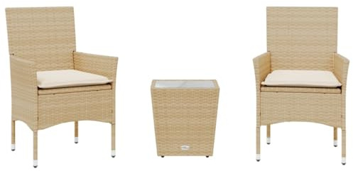 vidaXL Set da Bistrò 3 pz con Cuscini Beige Polyrattan e Vetro, Set bistrò da Giardino, Set mobili da Balcone, Set mobili da Esterno, Set da bistrot