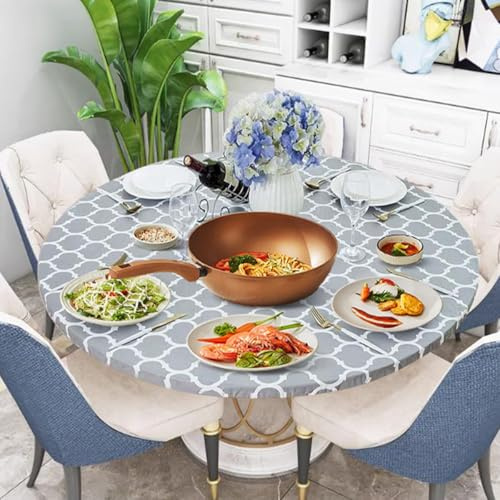 Runde Elastische Tischdecke Fitted, 96cm Kaliber Wasserdicht Abwischbar | Gartentischdecke für Draußen Essen Zuhause Kaffee Restaurant Party (Grau120cm)