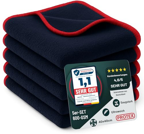 PROTEX© Mikrofasertücher Auto 380 GSM - [Testsieger 2025] fusselfreie & lackschonende Reinigungstücher - extrem saugstark & weich - Poliertuch 40x40 cm - 5er Set
