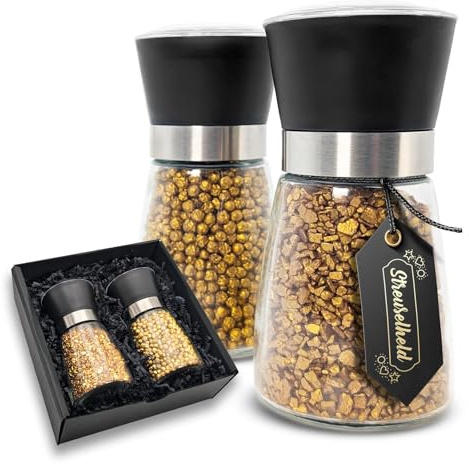 Streuselheld Salz und Pfeffermühle mit Gold Gewürzen | 2er Geschenk Set mit Geschenkbox - Pfeffer und Salzmühle mit Keramikmahlwerk Gewürzmühle aus Glas