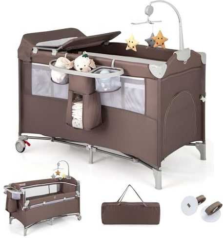 LIFEZEAL Vikbar babysäng med skötbord, resesäng baby med lekbåge och musikklockor, mobil barnresesäng med förvaringsväska, för baby 0–36 månader (brun)