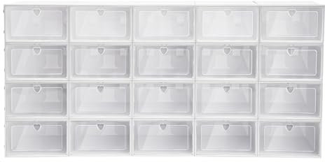Tyvotrend Schuhboxen, 20 Pcs Schuh Aufbewahrungs Organisator, Faltbar und Stapelbar Transparente Multifunktionale Lagerung, für Eingangsbereich, Schlafzimmer, Weiß, 23 X 33 X 14cm