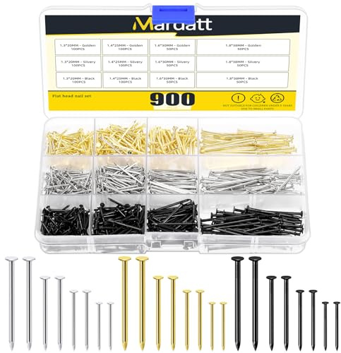 Mardatt Assortiment de 900 clous de 4 tailles et 3 couleurs, clous pour accrocher des photos, petits ongles, clous de finition, clous à suspendre, clous en bois, clous à épingles, clous muraux à