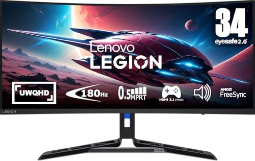 Lenovo Legion R34w-30 böjd spelskärm UWQHD 34 tum 3440 x 1440-180 Hz 350 nits svarstid 0,5 ms VA-panel HDMI DisplayPort – AMD FreeSync Premium anti-reflex 8,1 kg (svart)