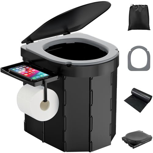 WADEO WC da Campeggio aggiornato, Portatile per Adulti, Pieghevole con Coperchio e portarotolo, Perfetto per Viaggio, Auto (Sedile Morbido - Porta Telefono)