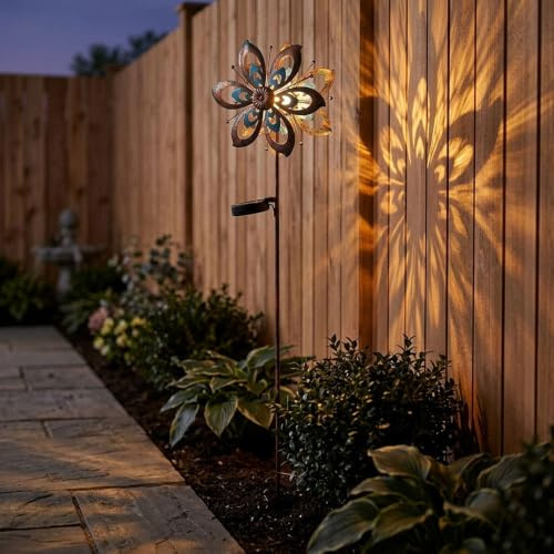 Gartendeko LED Solarlampe Windrad Terrassenlampe Außenlampe Erdspieß, Metall gold blau, Bruchglas, warmweiß, LxH 22,5 x 92 cm