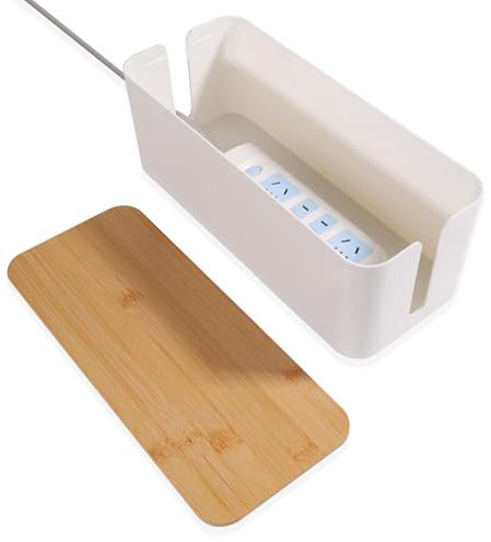 QOEOTUY Scatola per cavi grande per scrivania senza foratura, organizer con coperchio in bambù e presa di corrente, ecologica contro i grovigli di cavi, gestione dei cavi PC, ufficio domestico (bianco