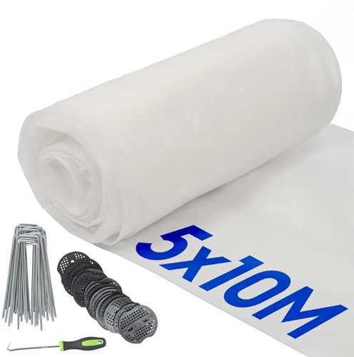 Harbour Housewares 50gsm Weed Control Fabric Set with Pegs & Plates - 5 Rolls of 1M x 10M each - Black - Weed Control Membrane Barrier Ground Cover for Garden, Patios, Flower Beds, Fruits & Vegetables