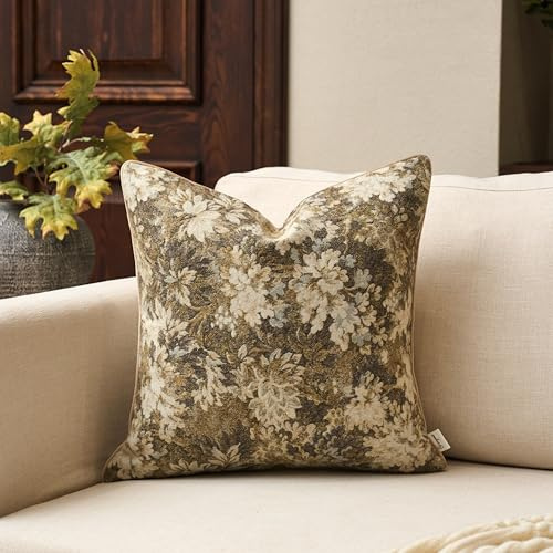 Yangest Neutral Floral Pillow Cover 20 x 20 Inches, Vintage Chenille Square Throw Pillow Cover Soft Decorative Farmhouse Accent Couch Pillow Cover for Living Room Bedroom, Beige