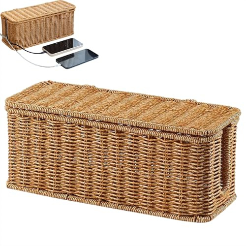 Cord Storage Basket,Charging Station Basket,Hand-Woven Narrow Woven Faux Wicker Baskets Charging Station,Under Desk Cable Management Box,Open Slots Cord Organizer Box
