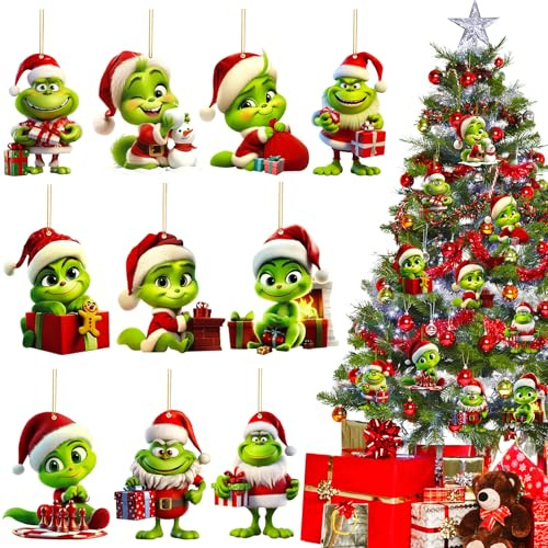 KDISHKRA 10 Piezas G-rinch Navidad Decoracion, Grinch Colgantes Navideñas de Acrílico Verd, Adornos Navidad, G-rinch Adornos Arbol de Navidad para el hogar Fiesta Regalo Festivales (2D)