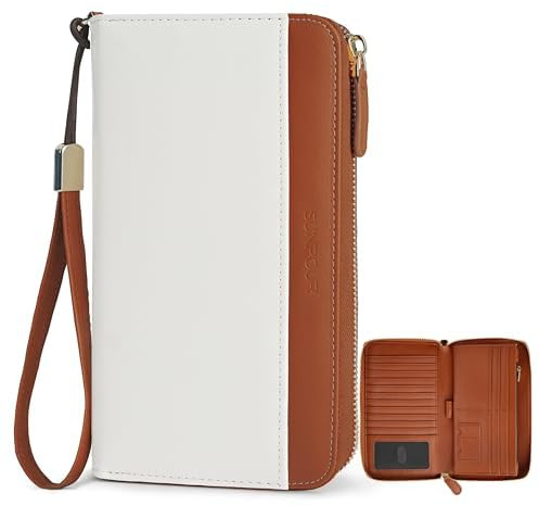 Sunpour Damen–Geldbörse groß,Portemonnaie mittelgroß–RFID-Geldbörse mit AirTag-Fach, Reisebrieftasche mit Handschlaufe & Reißverschluss, 21 Kartenfächer