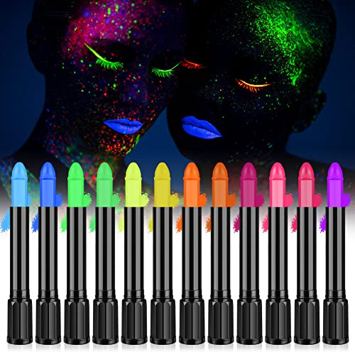 AOOWU Fluorescenti Matite Trucco per Viso e Corpo, 12 Colori Lavabile UV Fluorescente Trucchi Neon, Pittura Corpo Sicuro e Non Tossico per Feste di Compleanno, Cosplay, Halloween e Natale