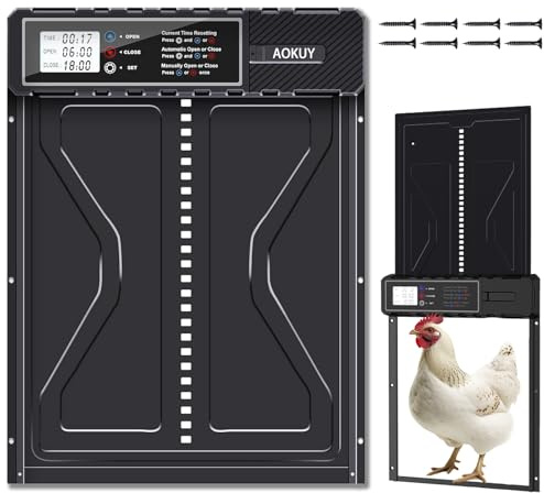 AOKUY Porta automatica per pollaio con timer LCD – Apertura/chiusura automatica a batteria, porta per pollaio in alluminio anti-predatori, resistente alle intemperie, facile da installare.