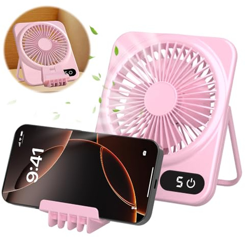 Tischventilator Klein Akku,Tragbarer Mini Ventilator mit Telefonhalterung,Taschenventilator mit LED-Display,180° Verstellbarer,5 Geschwindigkeiten,für Reisen, im Freien, Camping,Hogar,Oficina (Rosa)