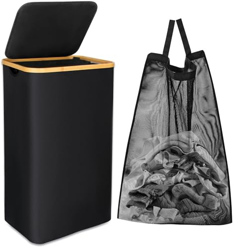 Laundry Basket with Wheels, 100L Large Foldable Laundry Hamper with Lid and Removable Inner Bag, Slim Rolling Laundry Bin for Bedroom Bathroom (Black)