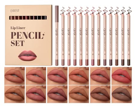 Set di 12 matite per contorno labbra in velluto opaco, per rossetto, colore morbido, cremoso, durevole, altamente pigmentato, naturale