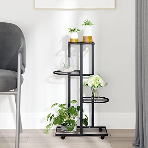 HaoChrymec Portavasi da Interno ed Esterno, 4 Ripiani con Ruote in Ferro, Design Angolare, Supporto per Piante, Fioriera da Balcone, per Casa e Giardino, Colore Nero, 44x23x80 cm