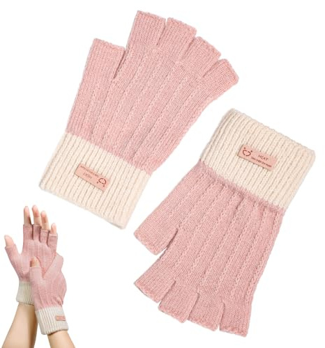 Lafefe Winter Fingerless Gloves for Women - Winter Warm Half Finger Work Gloves, Soft Stretchable Warm Knit Glove Suitable for Running, Skiing, Cycling (Pink&Nude)