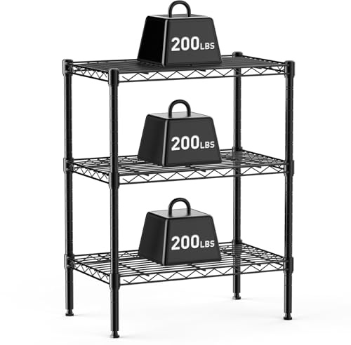 DUMOS 3-Tier Metal Wire Storage Shelves, Adjustable Standing Storage Rack Shelf, Heavy Duty Steel Shelving Unit Organizers for Kitchen Bathroom Pantry Garage, 23.3 W×13.4 D×30 H, Black