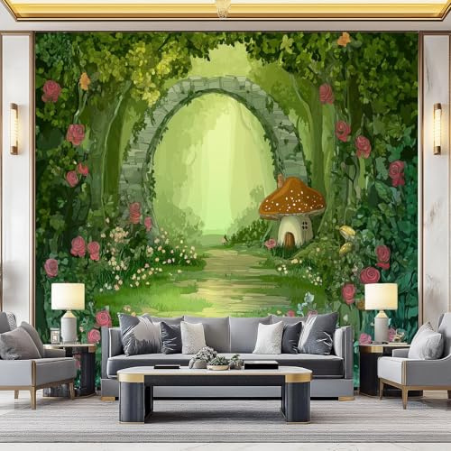 Papier Peint Panoramique 350x256cm - Trompe l'Oeil Forêt Enchantée avec Maison Champignon - Décoration Murale Intissée 3D pour Chambre Enfant, Salon - Poster Mural Féerique Facile à Poser