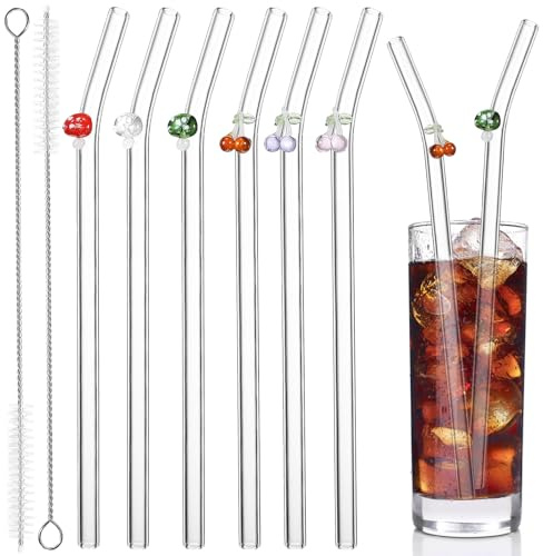 Veemoon Pajitas de Vidrio Reutilizables Curvadas 6 Unidades con Dijes de Hongos y Cerezas Colores Aleatorios 2 Cepillos de Limpieza para Bebidas Transparentes Seguras y Color Aleatorio