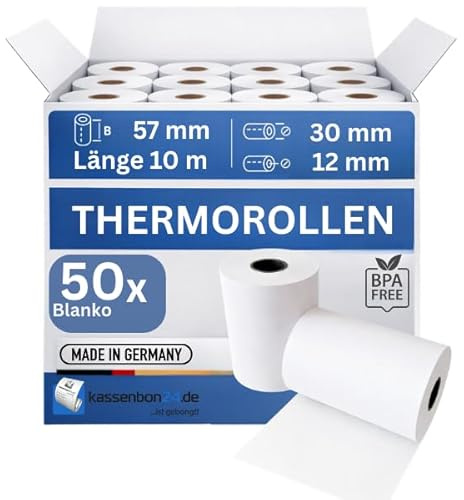 Kassenbon24.de Thermorollen 57x30x12mm – 10m | 50 Stück BPA-frei Blanko | EC Rollen ohne Aufdruck für EC-Terminal Kartenterminal mobiler Bondrucker | Thermopapier
