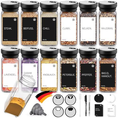KDIUD 12 Gewürzgläser Eckig,120ML Gewürzdosen Set mit Streueinsatz,Gewürzstreuer mit Rund Drehdeckel-Starke Versiegelung,Edelstahl-Glas Gewürz Organizer inklusive Trichter, Etikett und Stift