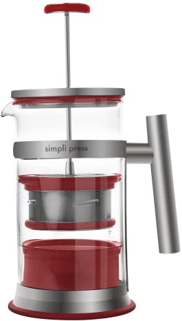 Simpli Press French Press Coffee & Tea Maker - Easy Cleanup & Customizable Smooth Coffee - Patented - Plastic-Free Premium Stainless Steel 34 oz - Red Color