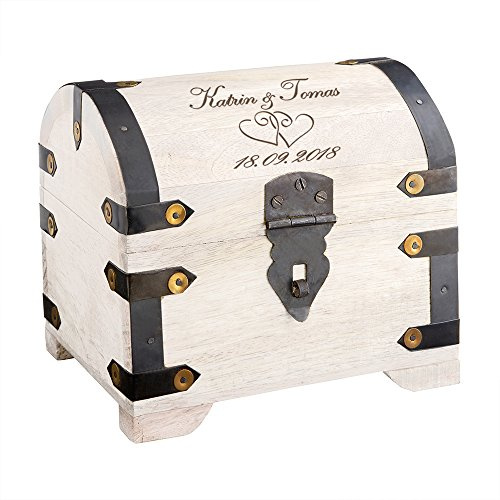 Casa Vivente Schatztruhe mit Gravur zur Hochzeit, Motiv Herzen, Personalisiert mit Namen und Datum, Schmuckkästchen aus weißem Holz, Geldgeschenke