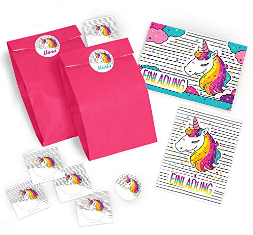 JuNa-Experten 12 Einladungskarten zum Kindergeburtstag für Mädchen Einhorn/Unicorn/Einladungen/schöne und bunte Geburtstagseinladungen incl. 12 Umschläge,12 Tüten/rosa, 12 Aufkleber
