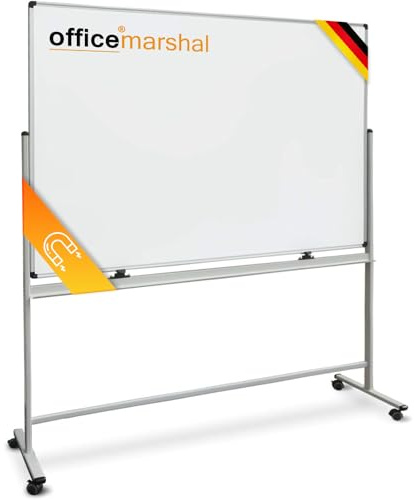 OfficeMarshal Whiteboard mit Ständer 120 x 220cm mobiles Whiteboard auf Rollen doppelseitige Stativdrehtafel magnetisch, beschreibbar, rollbar, leicht abwischbar mit Stifteablage, Aluminiumrahmen