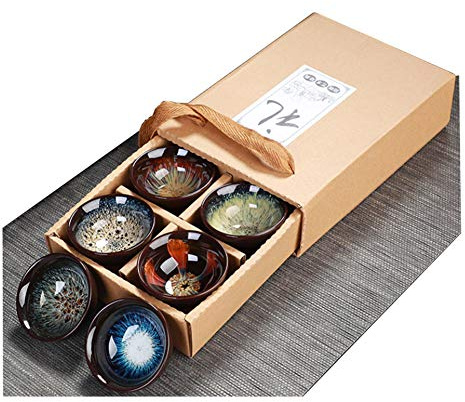 JianZhan Tenmoku 6 Colors Wide Mouth Tea Cup Handmade Ceramic kung fu Tea Cup - Gift Box 6 Pcs