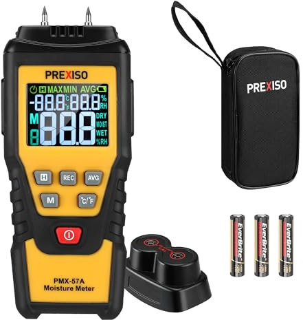 PREXISO Wood Moisture Meter, 7 in 1Digital Moisture Tester, Pin-Type Moisture Detector, Water Leak Detector, Damp Tester for Firewood, Woodworking, Walls, Drywall, and Other Building Materials