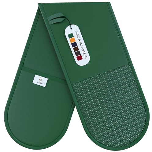 Green Oven Gloves Double by Laffair® - Green Kitchen Accessories - Non-Slip Silicone Grip Double Oven Glove Heat Resistant
