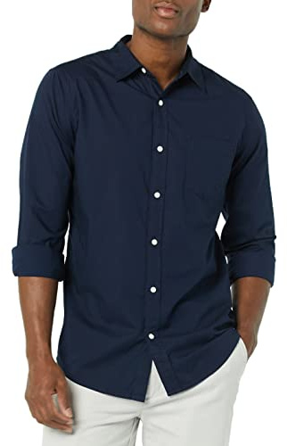 Amazon Essentials Camicia in Popeline Elasticizzato A Manica Lunga dalla vestibilità Aderente Uomo, Blu Marino, XL