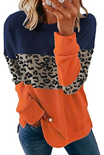 NEYOUQE Damtröja långärmad tröja färgblock rund hals ledig tröja dam, D-1leopard orange, M