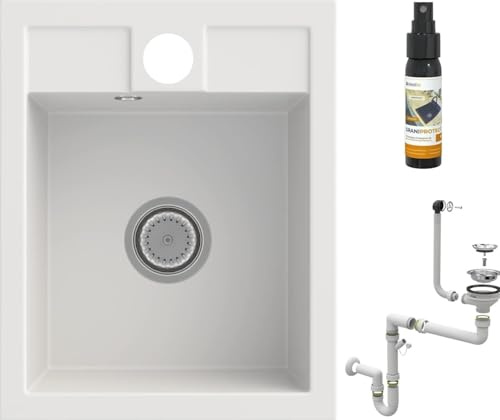 GRANITAN Best kitchen sink, granite sink with chrome siphon, strainer and waterproofing agent, sink with 1 basin, built-in sink, 40 x 50 cm, white