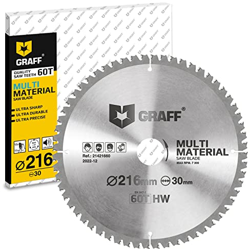 Kreissägeblatt 216x30 Metall Holz Aluminium Laminat Kunststoff – Multi Material Sägeblatt 216 x 30 mm für Bosch GTS 635-216 & Metabo KGS 216 M – Professional 216 Sägeblatt GRAFF