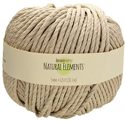 The Beadsmith Cordón de cáñamo 100% – Color natural – 3 mm, carrete de 125 pies, resistencia de prueba de 170 libras – Cordel para hacer joyas, macramé, manualidades de papel, jardinería, álbumes de