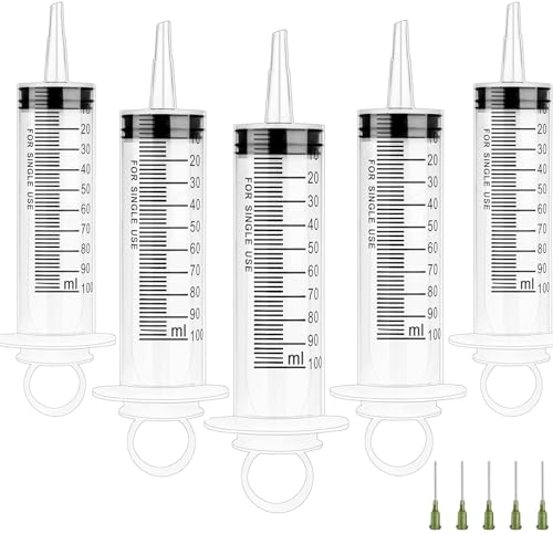 5 Seringues 100ml avec Aiguille émoussée, Grosse Seringue 100ml Seringue en Plastique Mesure Précise Réutilisable Seringue de Gavage pour Laboratoire Industriels Scientifique Lavement Souple Remplissa